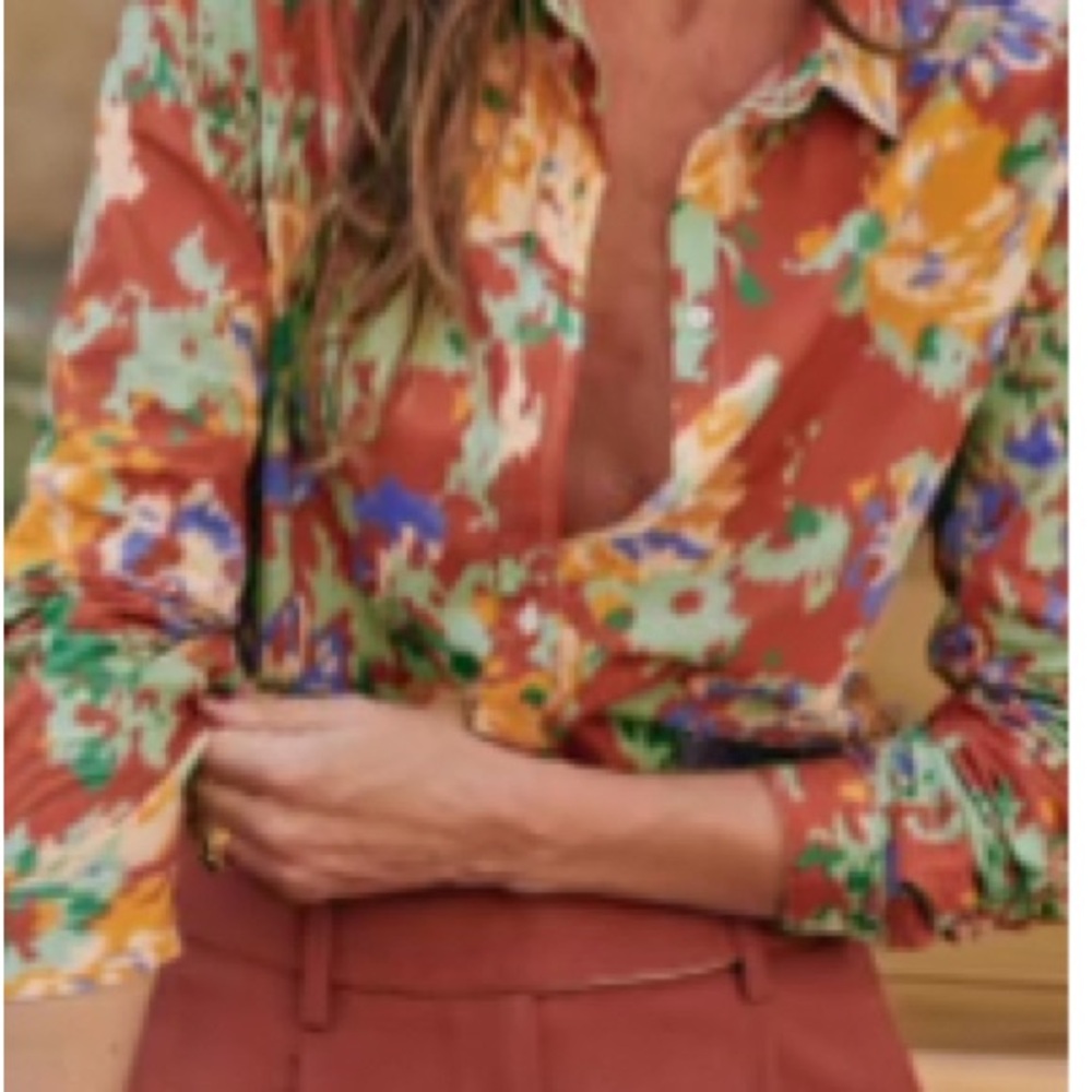Sezane Button Down Shirt in Orange Red with Notched Collar